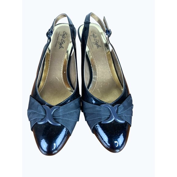 Soft Style Womens Black Patent Slingback Heels With Bow Detail Low Heel Size 9 - Picture 2 of 10